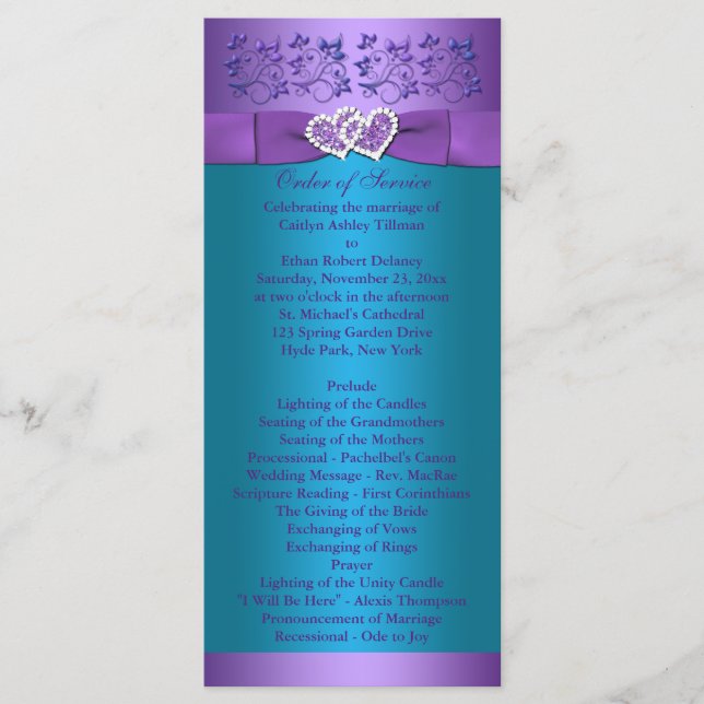 Purple, Turquoise Floral Hearts Wedding Program Programme (Front)