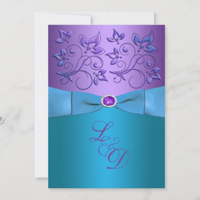 Purple, Turquoise Floral Monogram Wedding Invite (Front)