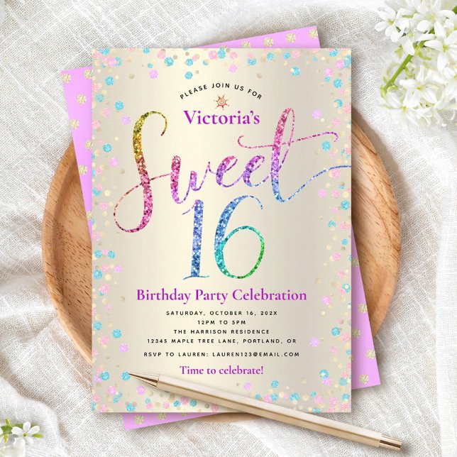 Purple Turquoise Glitter Sweet 16 Birthday Gold Invitation (Creator Uploaded)
