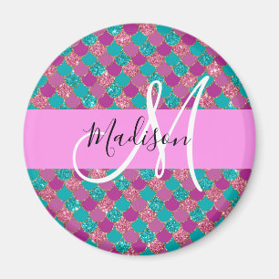 Purple Turquoise Mermaid Glitter Sparkles Monogram Magnet