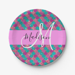 Purple Turquoise Mermaid Glitter Sparkles Monogram Paper Plate