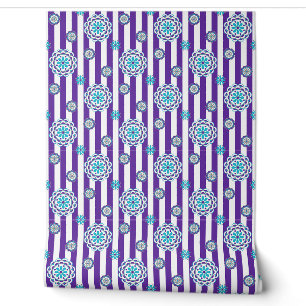Purple, Turquoise Mod Flowers on Stripes Wallpaper