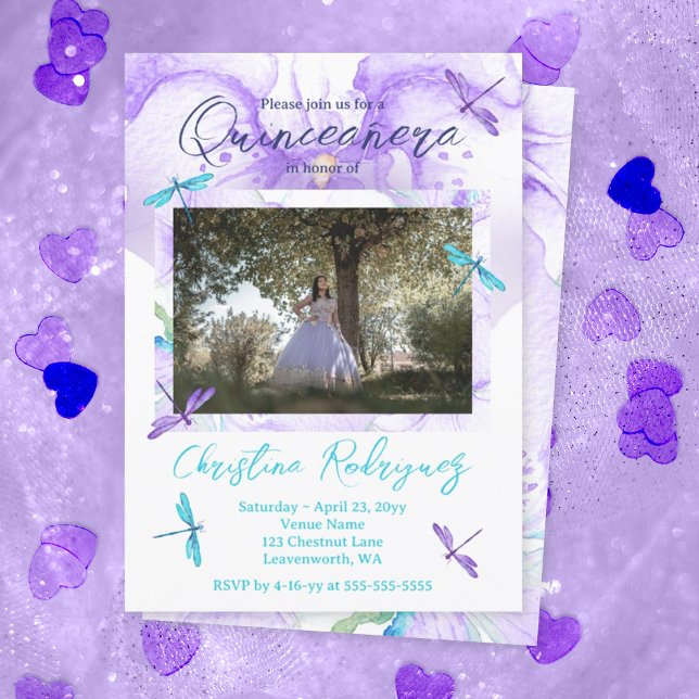 Purple, Turquoise Orchid, Dragonflies Quinceanera Invitation (Purple quinceanera invitations with purple and turquoise dragonfly, whimsical budget mis quince anos)