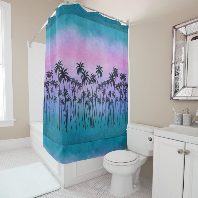 Purple-turquoise Palmtrees Shower Curtain (In Situ)