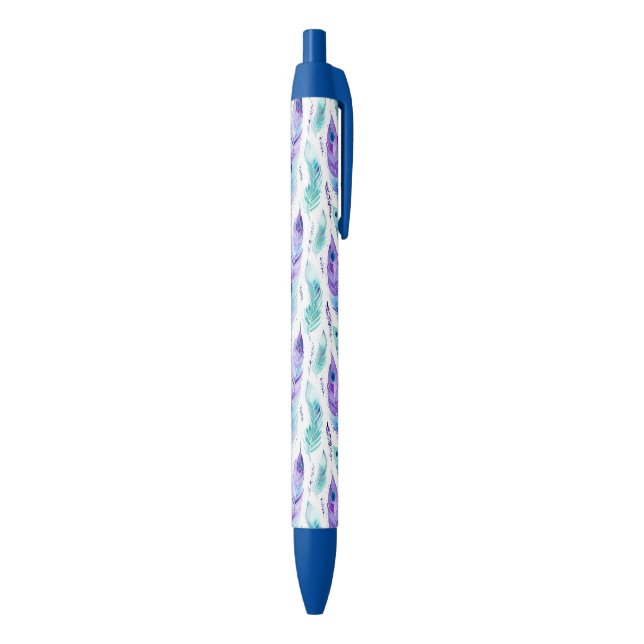 Purple Turquoise Peacock Feathers Black Ink Pen (Bottom (Vertical))