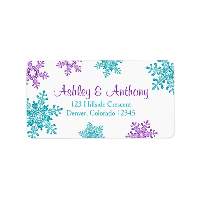 Purple Turquoise Snowflake Wedding Return Address Label (Front)