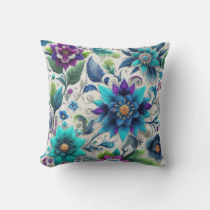 Purple Turquoise White Floral Design Cushion
