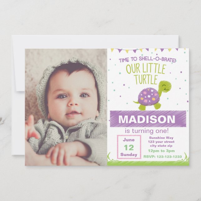 Purple Turtle Birthday Invitation with Photo (Front)