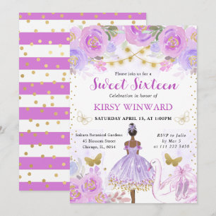 Purple Tutu Dark Skin Ballerina Sweet 16 Invitation
