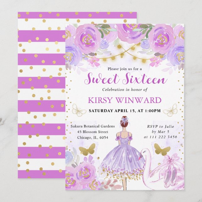 Purple Tutu Red Hair Ballerina Sweet 16 Invitation (Front/Back)