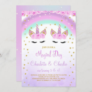 Purple Twins Unicorn Birthday Invite