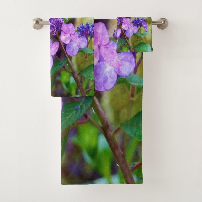 Purple Twist and Shout Hydrangea Flower Bath Towel Set (Insitu)