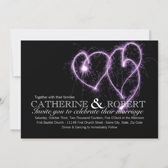 Purple Two Hearts Sparklers Wedding Invitation (Front)