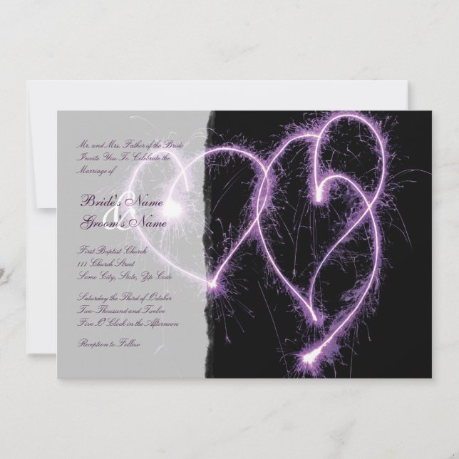 Purple Two Hearts Sparklers Wedding Invitation (Front)