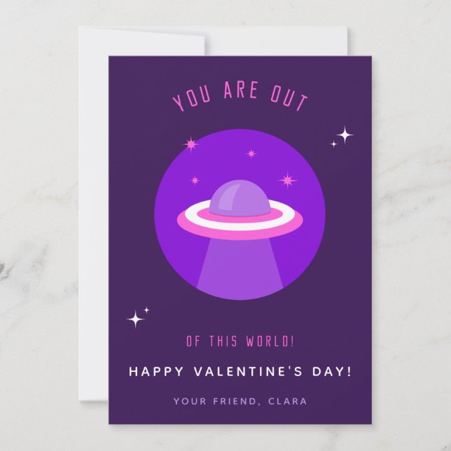 Purple UFO Spaceship Kids Class Valentine's Day Holiday Card (Front)