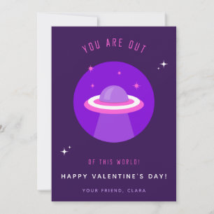 Purple UFO Spaceship Kids Class Valentine's Day Holiday Card