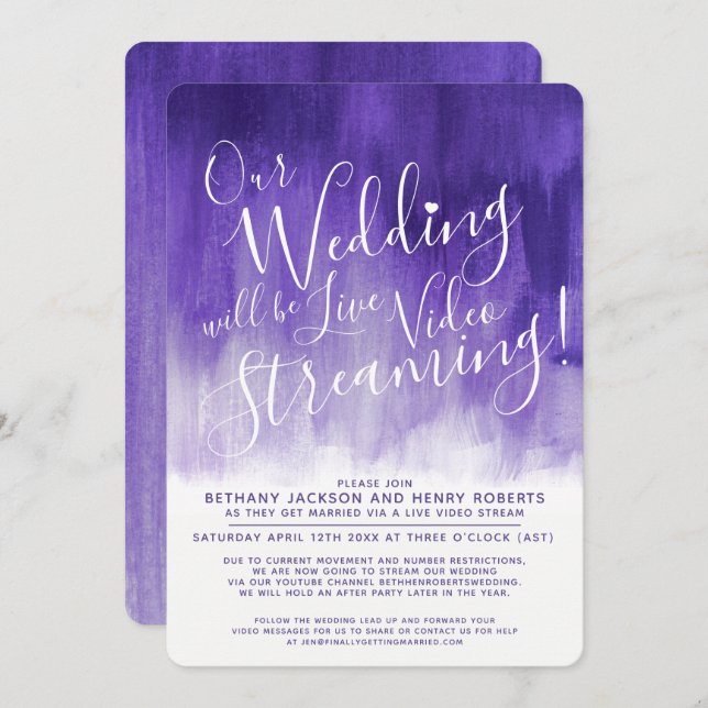Purple ultra violet art live streaming wedding invitation (Front/Back)