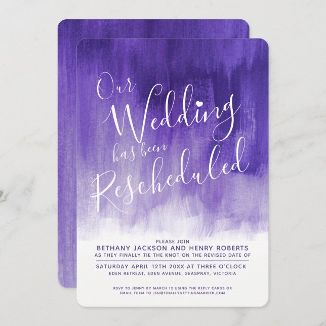 Purple ultra violet art rescheduled wedding invitation (Front/Back)