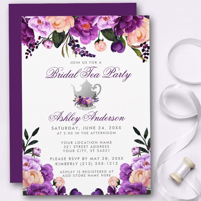 Purple Ultra Violet Bridal Shower Tea Party Invite (Customize to change text color,  size, style or color of back of card.)