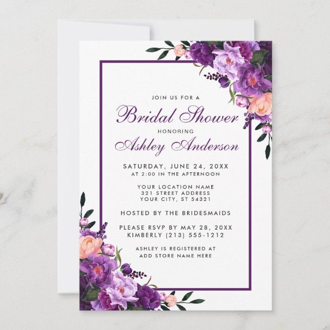 Purple Ultra Violet Floral Bridal Shower Invite F (Front)