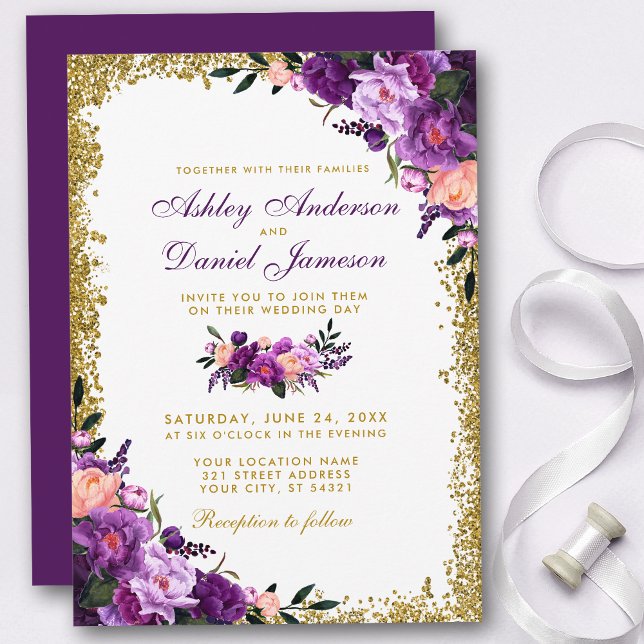 Purple Ultra Violet Floral Gold Glitter Wedding Invitation (Customize to change text color, style, add text & photos to back or change color of back of card.)
