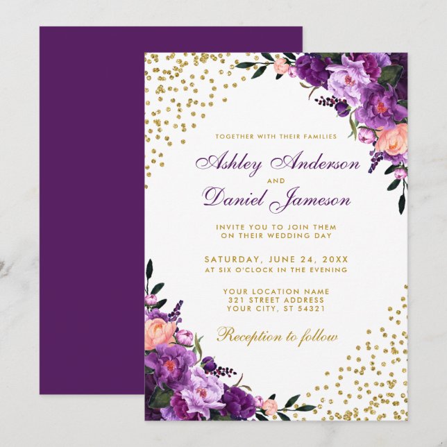 Purple Ultra Violet Floral Gold Glitter Wedding Invitation (Front/Back)