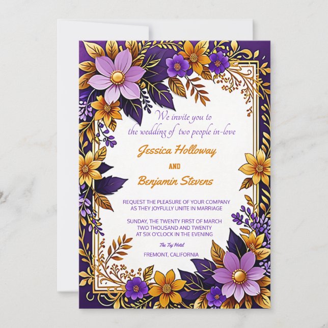 Purple Ultra Violet Floral Gold Wedding Invitation (Front)