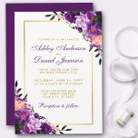 Purple Ultra Violet Floral Gold Wedding Invite PSB<br><div class="desc">Watercolor Purple Ultra Violet Floral Gold Wedding Invitation Card - Purple Script - Purple Back</div>