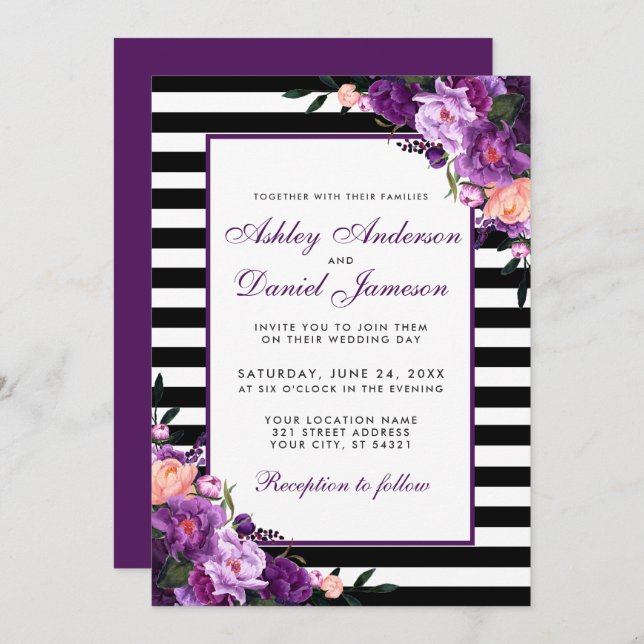 Purple Ultra Violet Floral Wedding Invitation PS B (Front/Back)