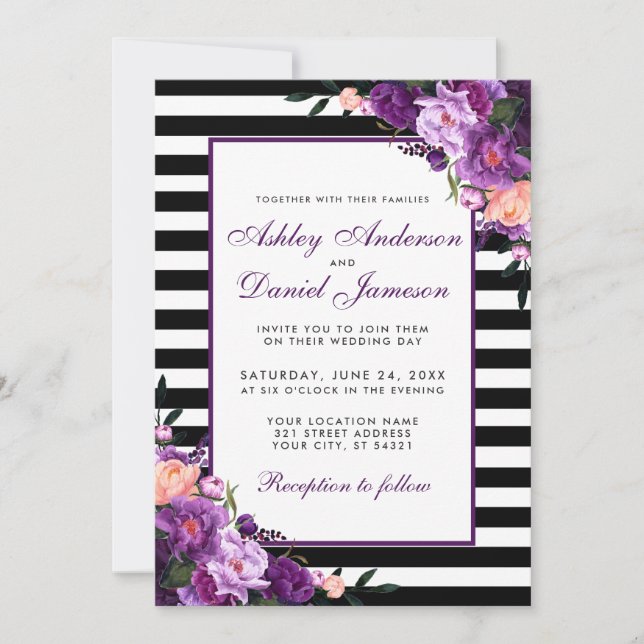 Purple Ultra Violet Floral Wedding Invitation PSS (Front)