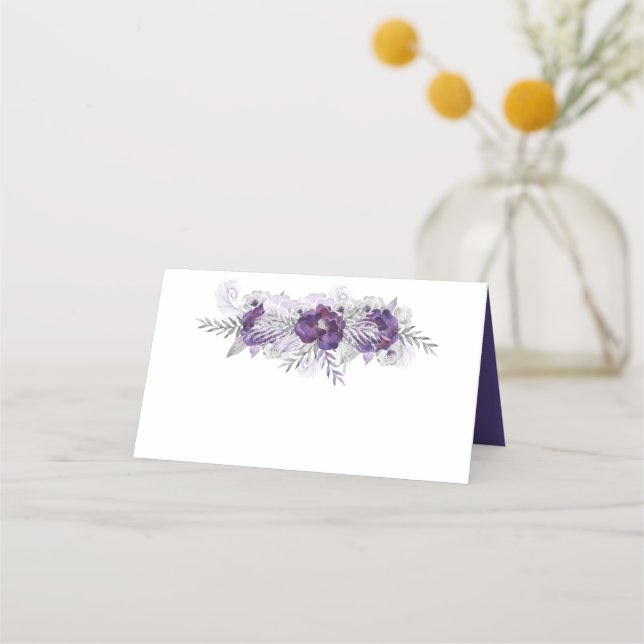 Purple Ultra Violet Lavender Grey Watercolor Roses Place Card (Back)