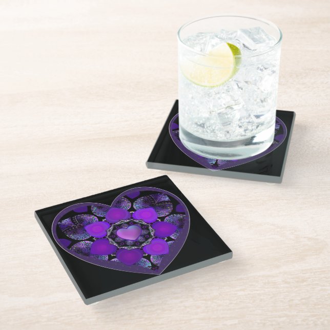Purple umbrella & hearts .7 glass coaster (Angled)