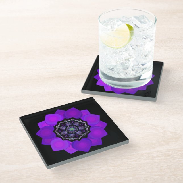 Purple umbrella & hearts .7 glass coaster (Angled)