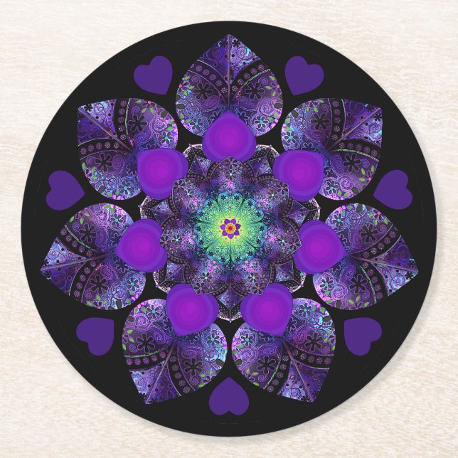 Purple umbrella & hearts .7 round paper coaster (Front)