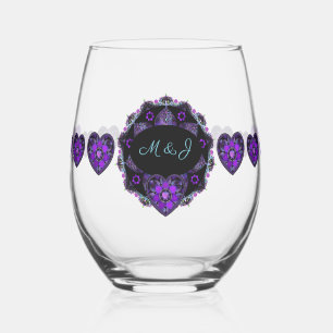 Purple umbrella & hearts .7 stemless wine glass