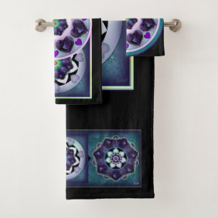 Purple umbrella & hearts bath towel set