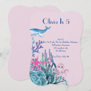Purple under the sea birthday invitation 