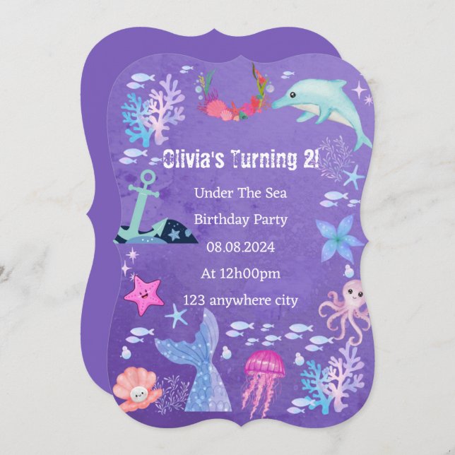 PURPLE UNDER THE SEA BIRTHDAY INVITATION (Front/Back)