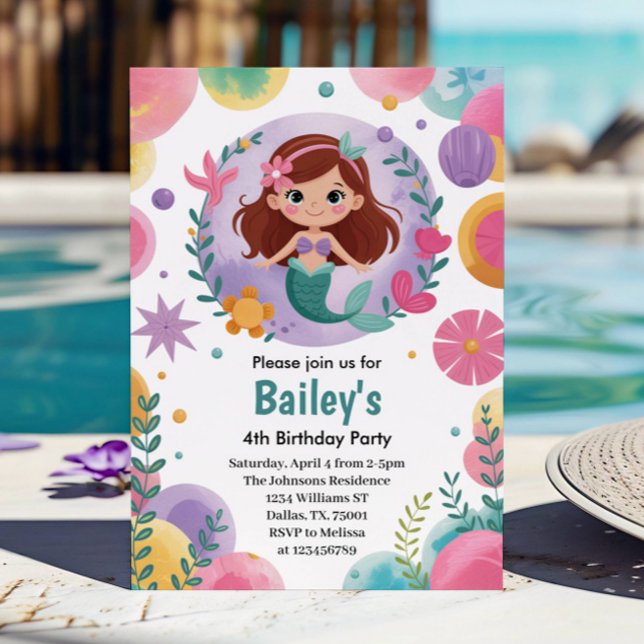 Purple Under The Sea Mermaid 4th Birthday Party Invitation (Creator Uploaded)
