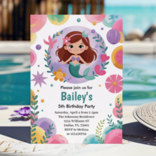 Purple Under The Sea Mermaid 5th Birthday Party Invitation