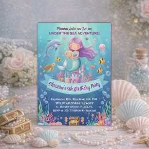 Purple Under the Sea Mermaid 6th Birthday Party Invitation