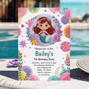 Purple Under The Sea Mermaid 7th Birthday Party Invitation