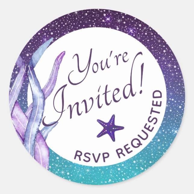 Purple Under The Sea Theme Party You're Invited Classic Round Sticker (Front)