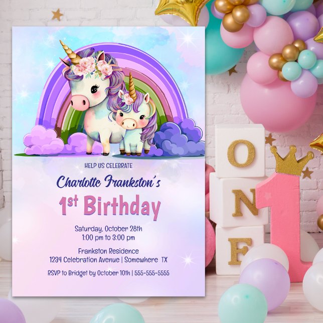 Purple Unicorn 1st Birthday Party Invitation (Creator Uploaded)
