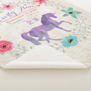Purple Unicorn Baby Girl Stats Watercolor Wreath Sherpa Blanket