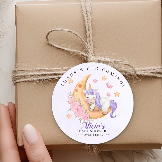 Purple Unicorn Baby Shower Girl Classic Round Sticker (Creator Uploaded)