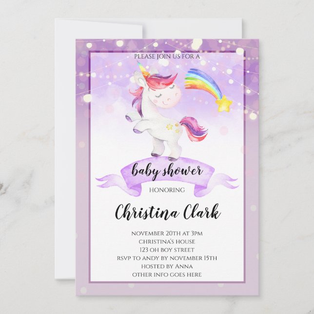 Purple Unicorn Baby Shower Invitation Girl (Front)