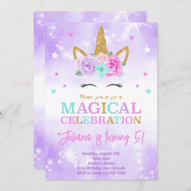 Purple Unicorn Birthday Invitation (Front/Back)