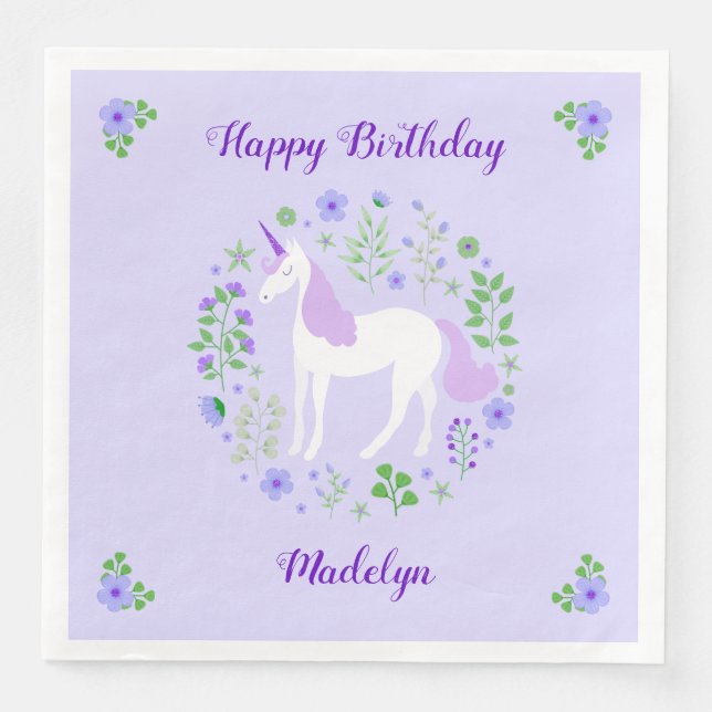Purple Unicorn Faux Purple Glitter Birthday Napkin (Front)