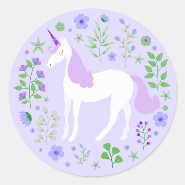 Purple Unicorn Faux Purple Glitter Classic Round Sticker (Front)